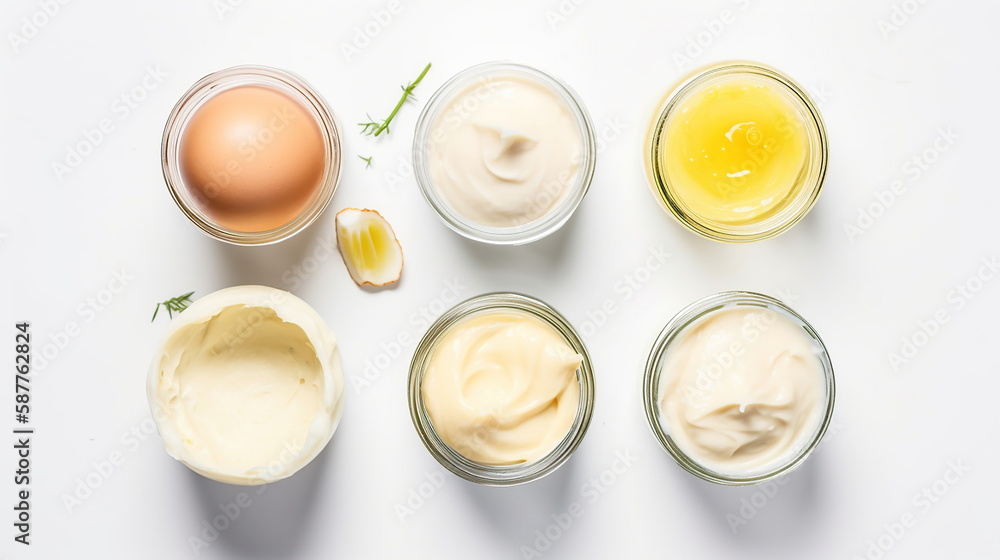 Homemade mayonnaise and mayonnaise ingredients isolated on a white background. Top view. Generative Ai Homemade mayonnaise and mayonnaise ingredients isolated on a white background. Top view. Generative Ai