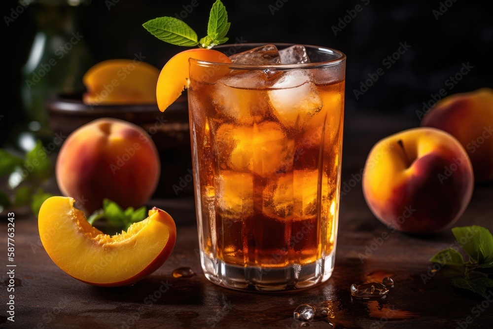 Iced Peach Tea With A Slice Of Lemon. Generative AI Iced Peach Tea With A Slice Of Lemon. Generative AI