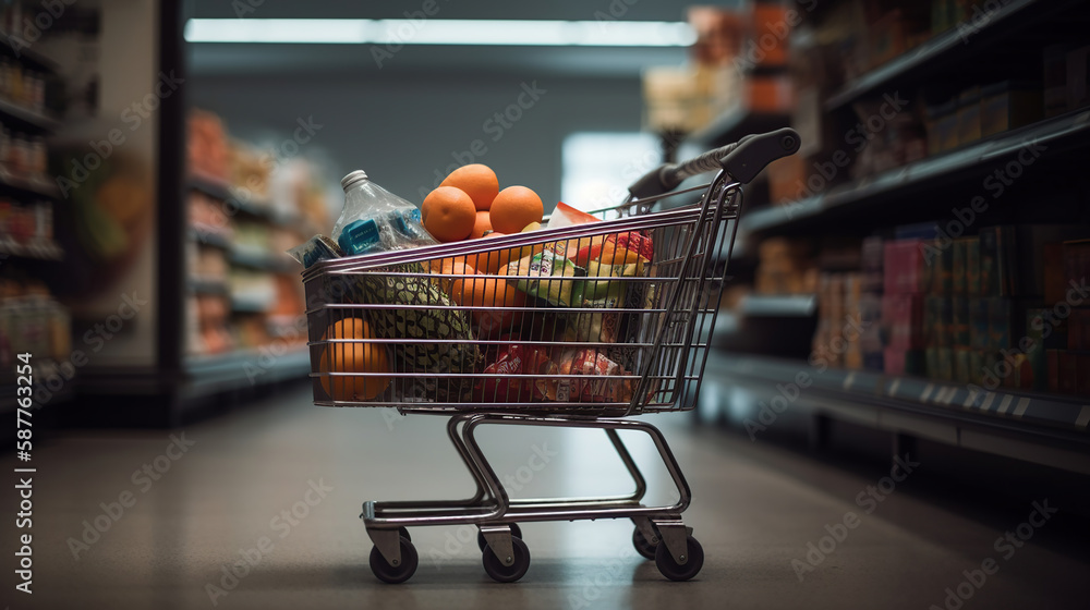 Shopping cart filled with food and drinks and supermarket shelves in the background. Generative Ai Shopping cart filled with food and drinks and supermarket shelves in the background. Generative Ai