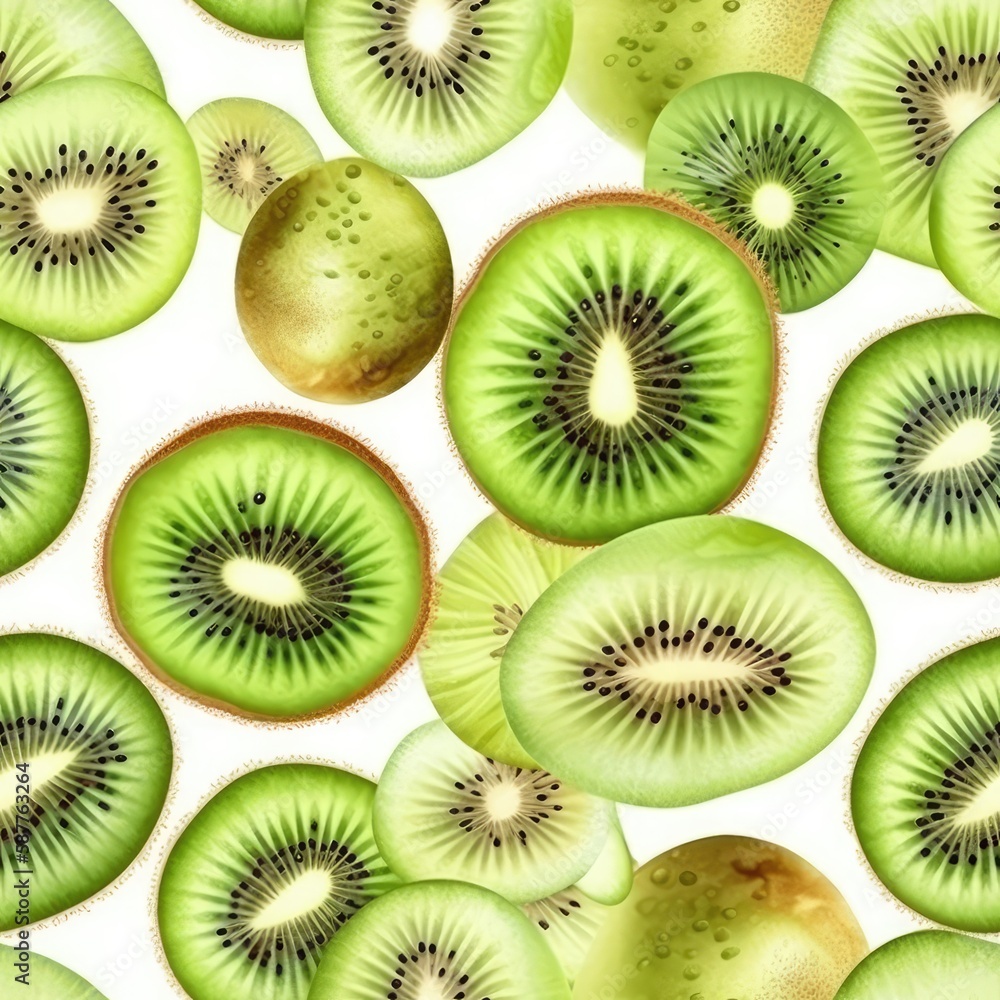 Kiwi Slices On A White Background. Seamless Background. Generative AI Kiwi Slices On A White Background. Seamless Background. Generative AI