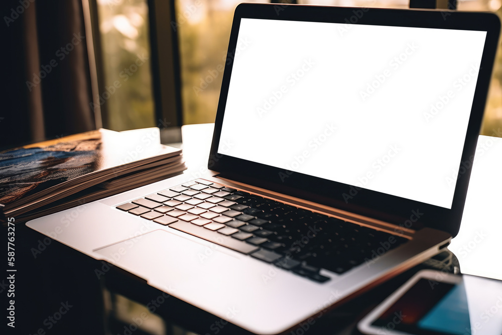 Laptop With Travel Booking Website And Passport. Blank space for your picture, png. Generative AI Laptop With Travel Booking Website And Passport. Blank space for your picture, png. Generative AI