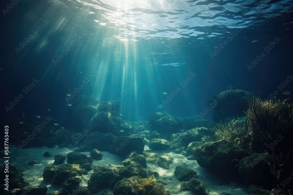 Underwater Sea In Blue Sunlight. Generative AI
