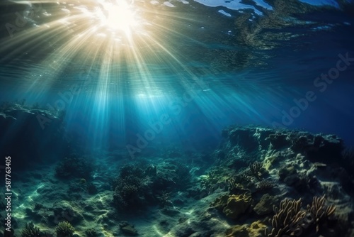 Underwater Sea In Blue Sunlight. Generative AI © Anastasiia