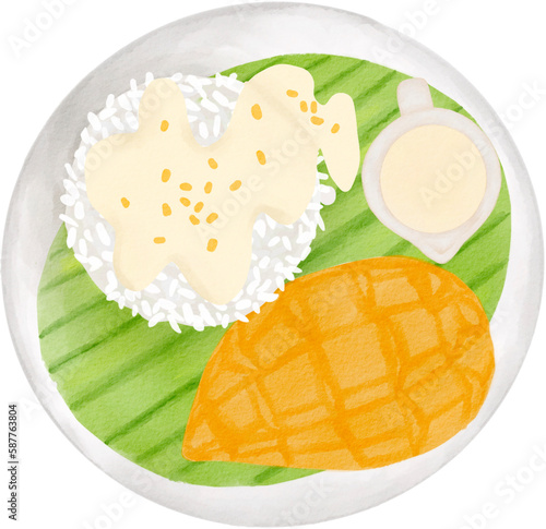 Thai dessest Mango Sticky Rice watercolor png photo