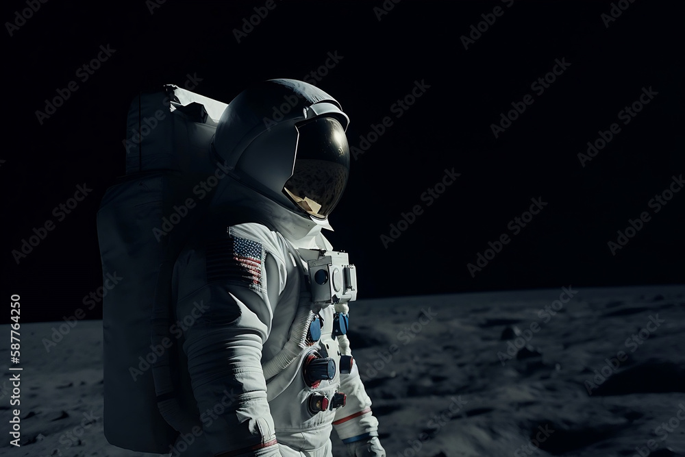An American astronaut walking on a distant planet. The image has a high contrast and is shot in a cinematic movie still style. Generative AI.