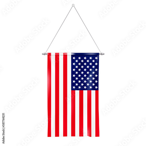 Rectangular pennant flag of USA on metal pole isolated on white background realistic vector. Hanging US American flag
