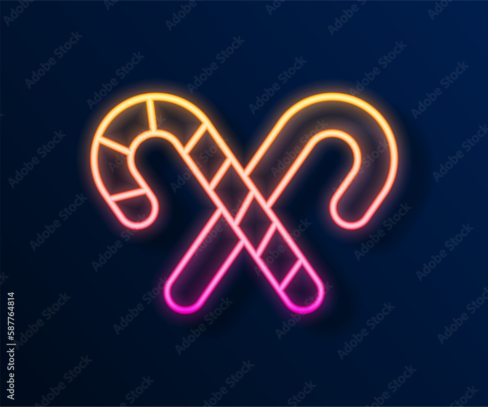 Glowing neon line Christmas candy cane with stripes icon isolated on black background. Merry Christmas and Happy New Year. Vector Glowing neon line Christmas candy cane with stripes icon isolated on black background. Merry Christmas and Happy New Year. Vector