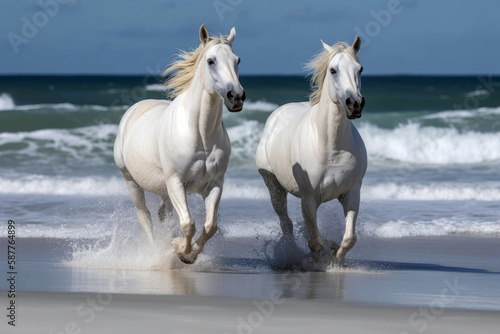 White Horses Running Along The Ocean On White Sand. Generative AI