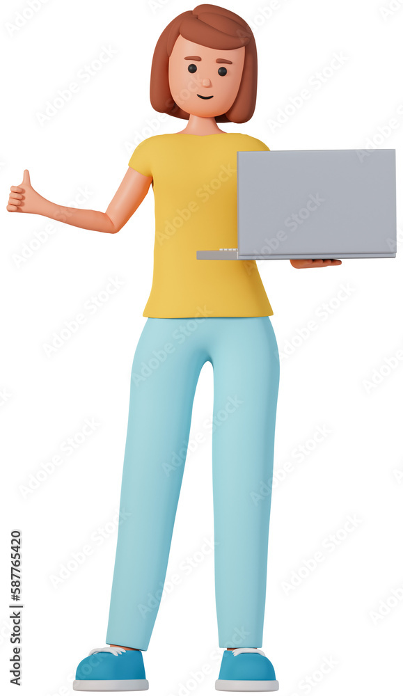 Woman holding laptop and showing  thumb finger up 3d illustration. Freelance or online work concept with 3d woman character with laptop and showing thumb finger up