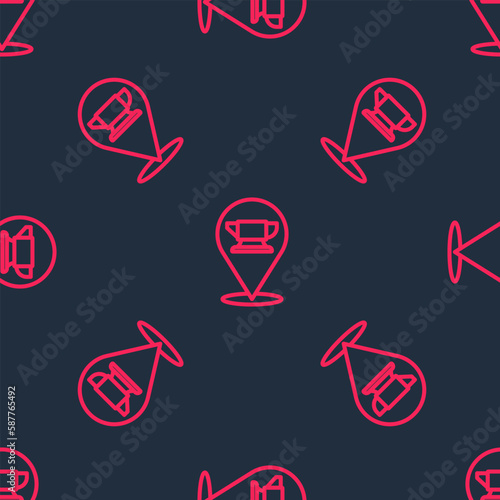 Red line Blacksmith anvil tool icon isolated seamless pattern on black background. Metal forging. Forge tool. Vector