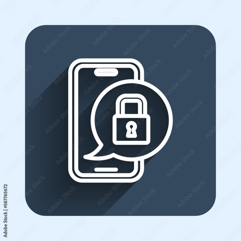 White line Smartphone with closed padlock icon isolated with long shadow background. Phone with lock. Mobile security, safety, protection concept. Blue square button. Vector White line Smartphone with closed padlock icon isolated with long shadow background. Phone with lock. Mobile security, safety, protection concept. Blue square button. Vector