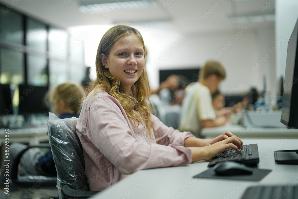 Children learning AI technology Robot with artificial intelligence system on its about the artificial intelligence during science lesson. Children learning AI technology Robot with artificial intelligence system on its about the artificial intelligence during science lesson.