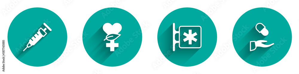 Set Syringe, Ethnoscience, Emergency - Star of Life and Medical prescription icon with long shadow. Vector Set Syringe, Ethnoscience, Emergency - Star of Life and Medical prescription icon with long shadow. Vector