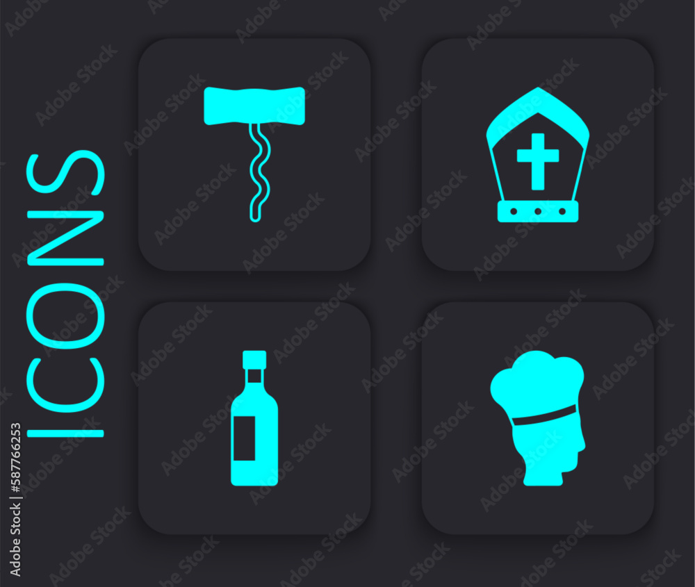 Set Italian cook, Wine corkscrew, Pope hat and Bottle of wine icon. Black square button. Vector Set Italian cook, Wine corkscrew, Pope hat and Bottle of wine icon. Black square button. Vector