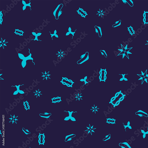 Set Whale tail, Wind rose, Inflatable boat with motor and Nautical rope knots on seamless pattern. Vector