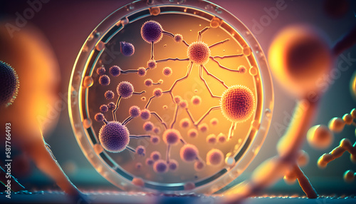 Petri dish with colony color bacteria and viruses of various shapes banner background. Concept of science and medicine. AI generation