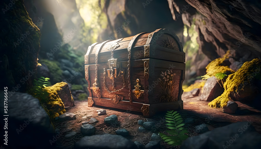 Fototapeta premium Old pirate chest with treasures in cave, golden glow, sunset light. Generation AI
