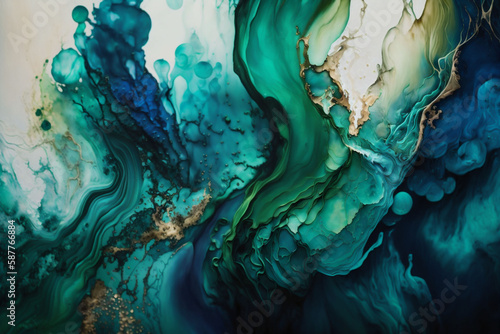 green tan blue ink paint cloud alcohol drip liquid flow wave abstract splatter color marble background wallpaper