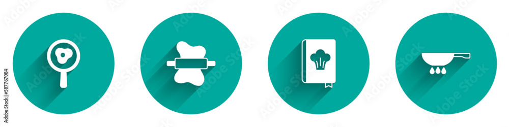 Set Fried eggs on frying pan, Rolling pin dough, Cookbook and Frying fire icon with long shadow. Vector Set Fried eggs on frying pan, Rolling pin dough, Cookbook and Frying fire icon with long shadow. Vector