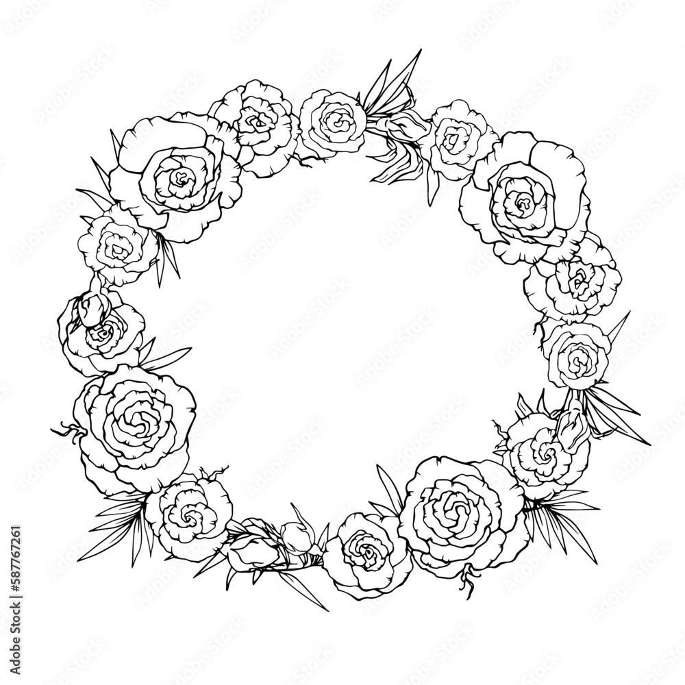 Vector graphics. Linear freehand drawing of a wreath of roses. From the collection HAIR DECORATION. For the design of websites, business cards, labels, printing posters on textiles and dishes. Vector graphics. Linear freehand drawing of a wreath of roses. From the collection HAIR DECORATION. For the design of websites, business cards, labels, printing posters on textiles and dishes.