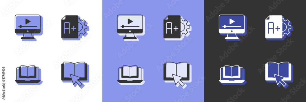 Set Online book, play video, class and Exam sheet with A plus grade icon. Vector Set Online book, play video, class and Exam sheet with A plus grade icon. Vector