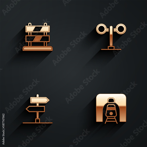 Set End of railway tracks, Train traffic light, Road sign and tunnel icon with long shadow. Vector