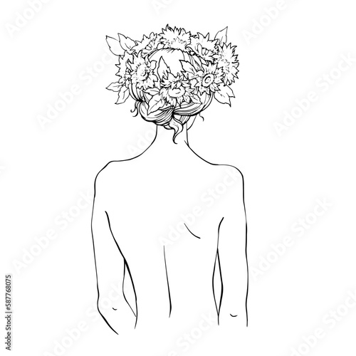Graphic drawing by hand. An image of a naked girl with a collected female hairstyle and flowers. For the design of the site, business cards, hairdresser, labels for hair care products. Vector.