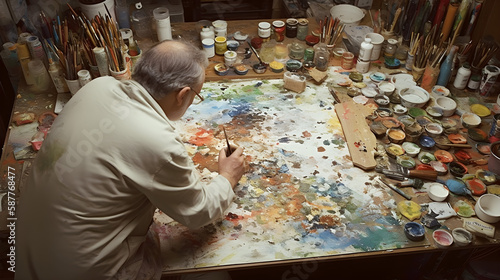 Creative Soul: Man Immersed in Artistic Expression Through Painting