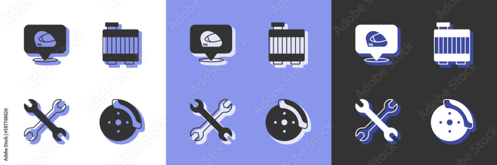 Set Car brake disk with caliper, Racing helmet, Wrench spanner and radiator cooling system icon. Vector Set Car brake disk with caliper, Racing helmet, Wrench spanner and radiator cooling system icon. Vector