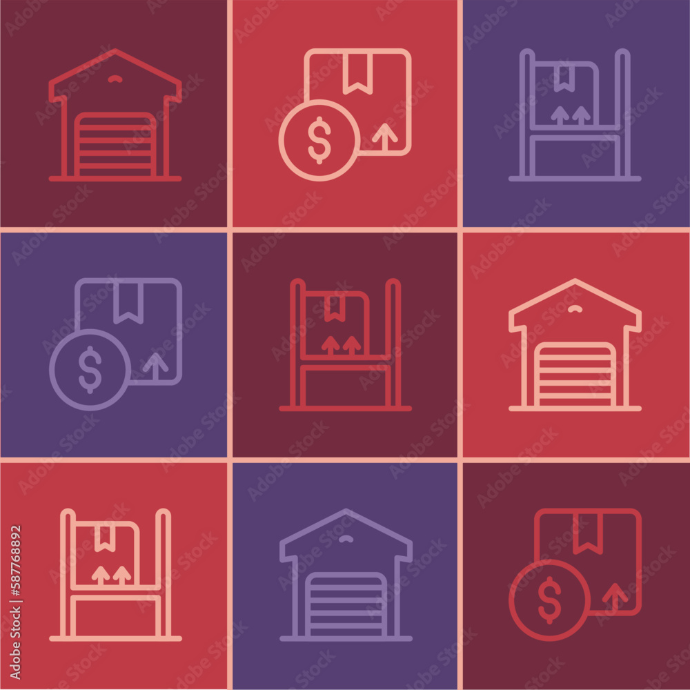 Set line Warehouse, interior with boxes and Carton cardboard icon. Vector Set line Warehouse, interior with boxes and Carton cardboard icon. Vector