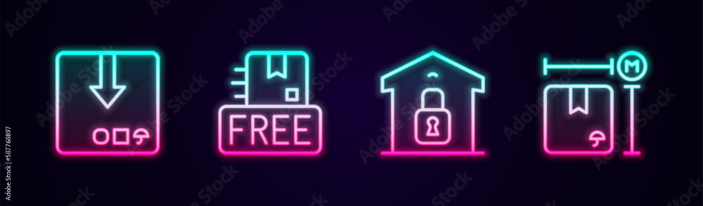 Set line Carton cardboard box, Cardboard with free symbol, Closed warehouse and measurement. Glowing neon icon. Vector Set line Carton cardboard box, Cardboard with free symbol, Closed warehouse and measurement. Glowing neon icon. Vector