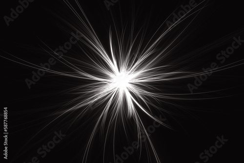 White glowing pattern of crooked rays from the center on a black background. Abstract fractal 3D rendering