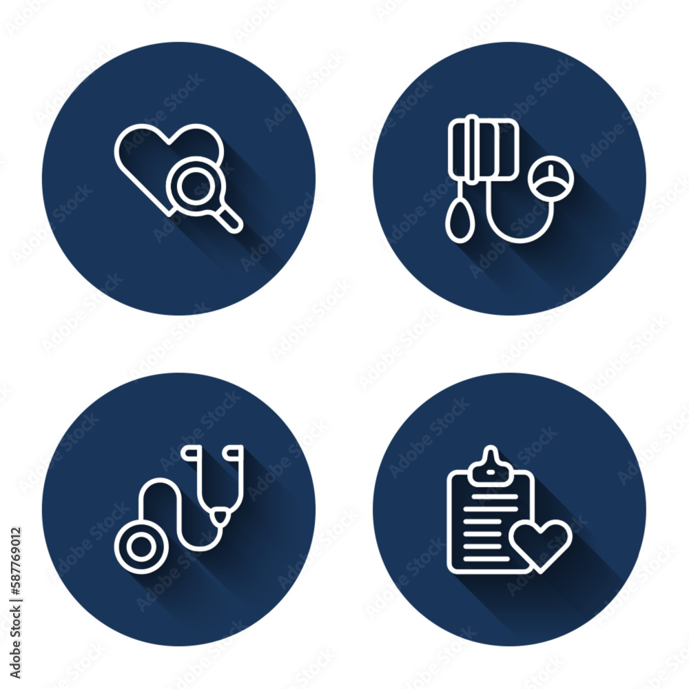 Set line Medical heart inspection, Blood pressure, Stethoscope and Patient record with long shadow. Blue circle button. Vector Set line Medical heart inspection, Blood pressure, Stethoscope and Patient record with long shadow. Blue circle button. Vector