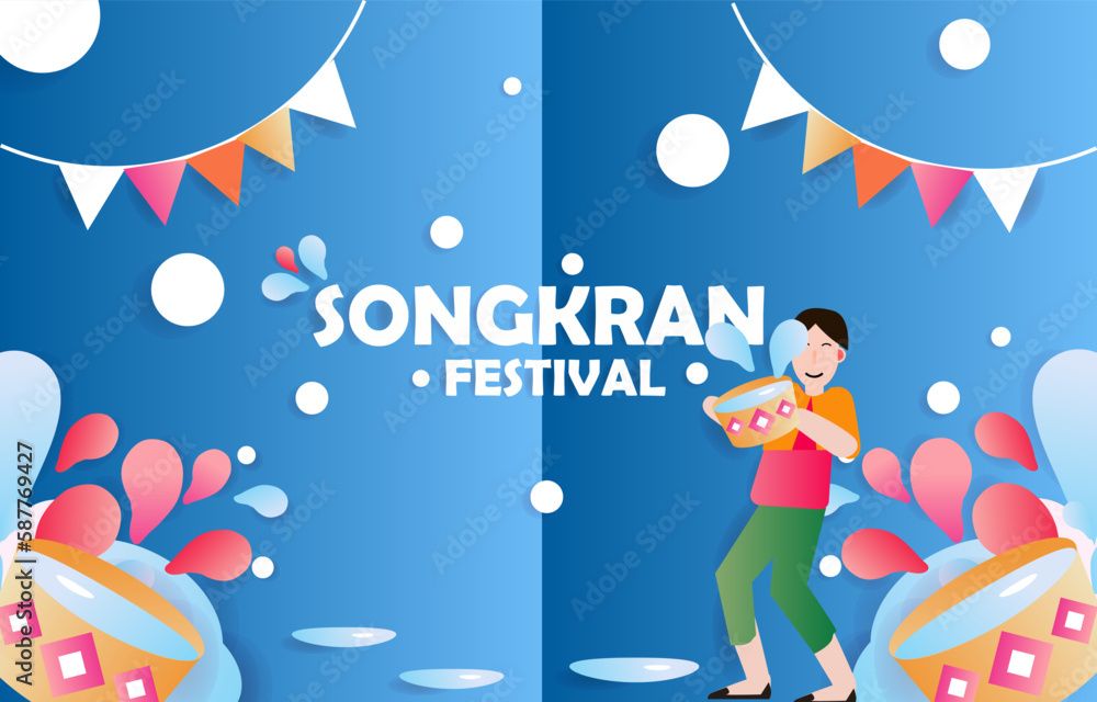Naklejka premium Songkran festival man and woman playing water with happy vector paper art design for banner background Songkran festival man and woman playing water with happy vector paper art design for banne