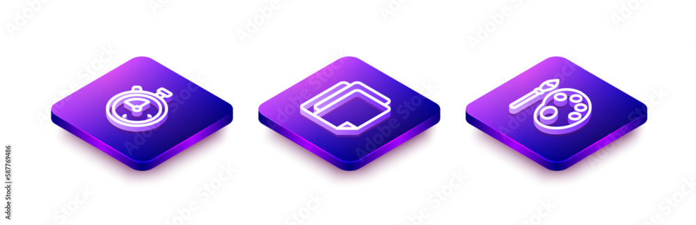 Set Isometric line Stopwatch, File document and Paint brush with palette icon. Vector Set Isometric line Stopwatch, File document and Paint brush with palette icon. Vector