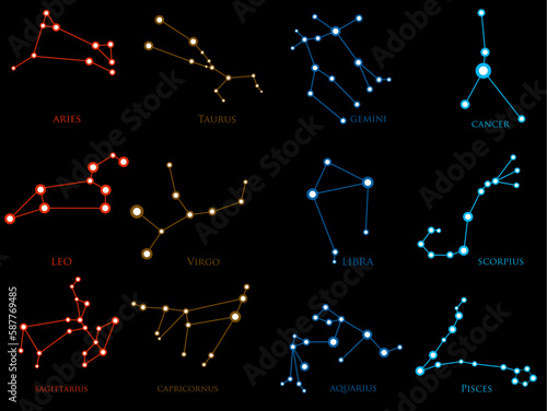 Set of zodiac constellations in style circuit board. Horoscope set: Aries, Leo, Sagittarius, Capricorn, Taurus, Virgo, Libra, Aquarius, Gemini, Cancer, Scorpio, Pisces. Vector Illustration