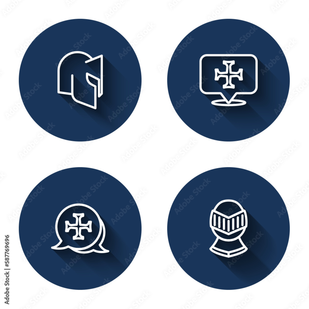 Set line Medieval helmet, Crusade, and with long shadow. Blue circle button. Vector