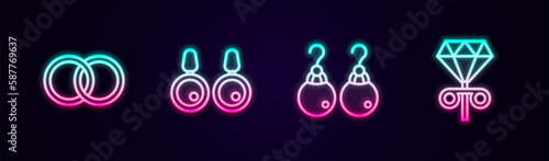 Set line Wedding rings, Earrings, and Stud earrings. Glowing neon icon. Vector