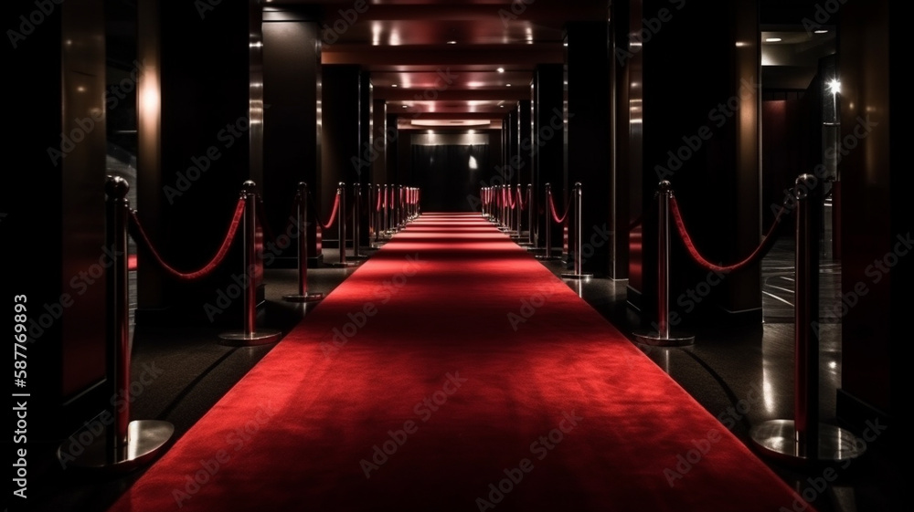 Red Carpet hallway with barriers and red ropes for Cinema and Fashion Awards, a ceremony for celebrities persons. Generative AI Red Carpet hallway with barriers and red ropes for Cinema and Fashion Awards, a ceremony for celebrities persons. Generative AI