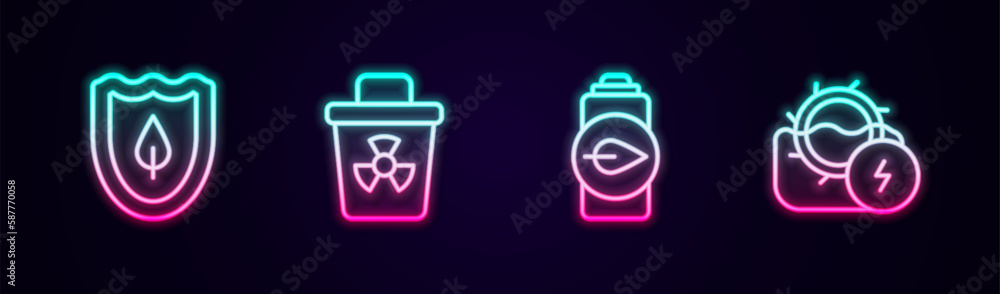 Set line Shield with leaf, Infectious waste, Eco nature battery and Water mill. Glowing neon icon. Vector Set line Shield with leaf, Infectious waste, Eco nature battery and Water mill. Glowing neon icon. Vector