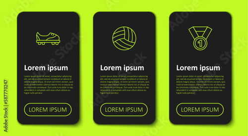 Set line Football shoes, Volleyball and Medal. Business infographic template. Vector