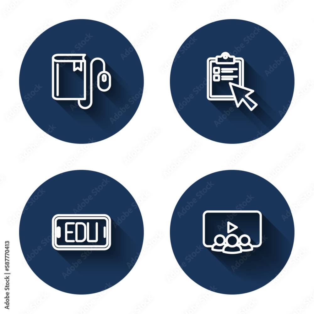Set line Electronic book with mouse, Online quiz, test, survey, education and class with long shadow. Blue circle button. Vector Set line Electronic book with mouse, Online quiz, test, survey, education and class with long shadow. Blue circle button. Vector