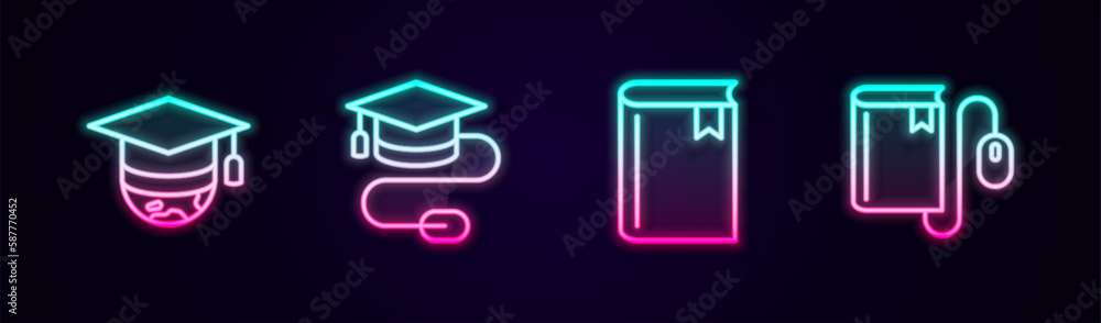 Set line Graduation cap on globe, with mouse, Book and Electronic book. Glowing neon icon. Vector Set line Graduation cap on globe, with mouse, Book and Electronic book. Glowing neon icon. Vector