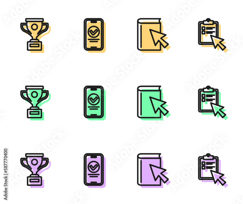 Set line Online book, Award cup, quiz, test, survey and icon. Vector