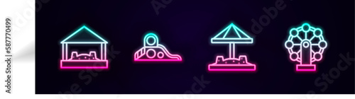 Set line Sandbox with sand, Slide playground, and Ferris wheel. Glowing neon icon. Vector