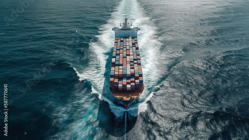 Technology for communication in online business Cyber. An aerial picture of a cargo ship carrying containers for export and import is shown on a global world. Service for Freight Forwarding