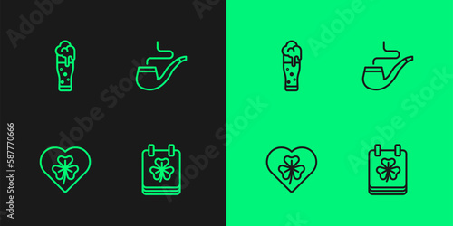 Set line Saint Patricks day with calendar, Heart clover trefoil leaf, Glass of beer and Smoking pipe icon. Vector