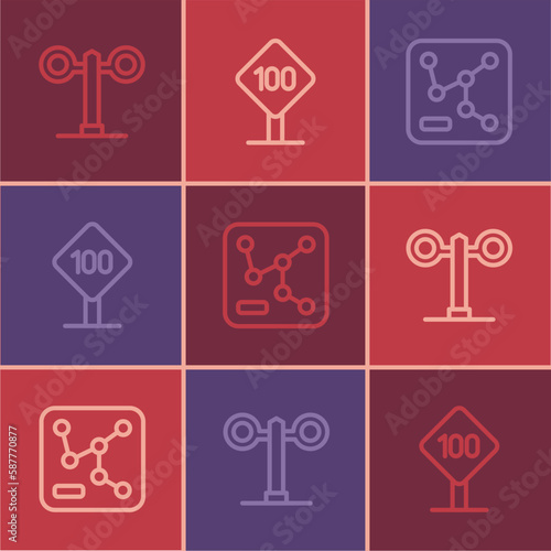 Set line Train traffic light, Railway map and Speed limit sign 100 km icon. Vector