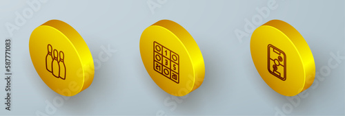 Set Isometric line Bowling pin, Bingo card and Air hockey table icon. Vector