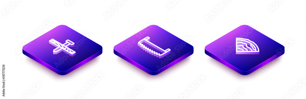 Set Isometric line Metallic nail, Two-handed saw and Wooden beam icon. Vector Set Isometric line Metallic nail, Two-handed saw and Wooden beam icon. Vector